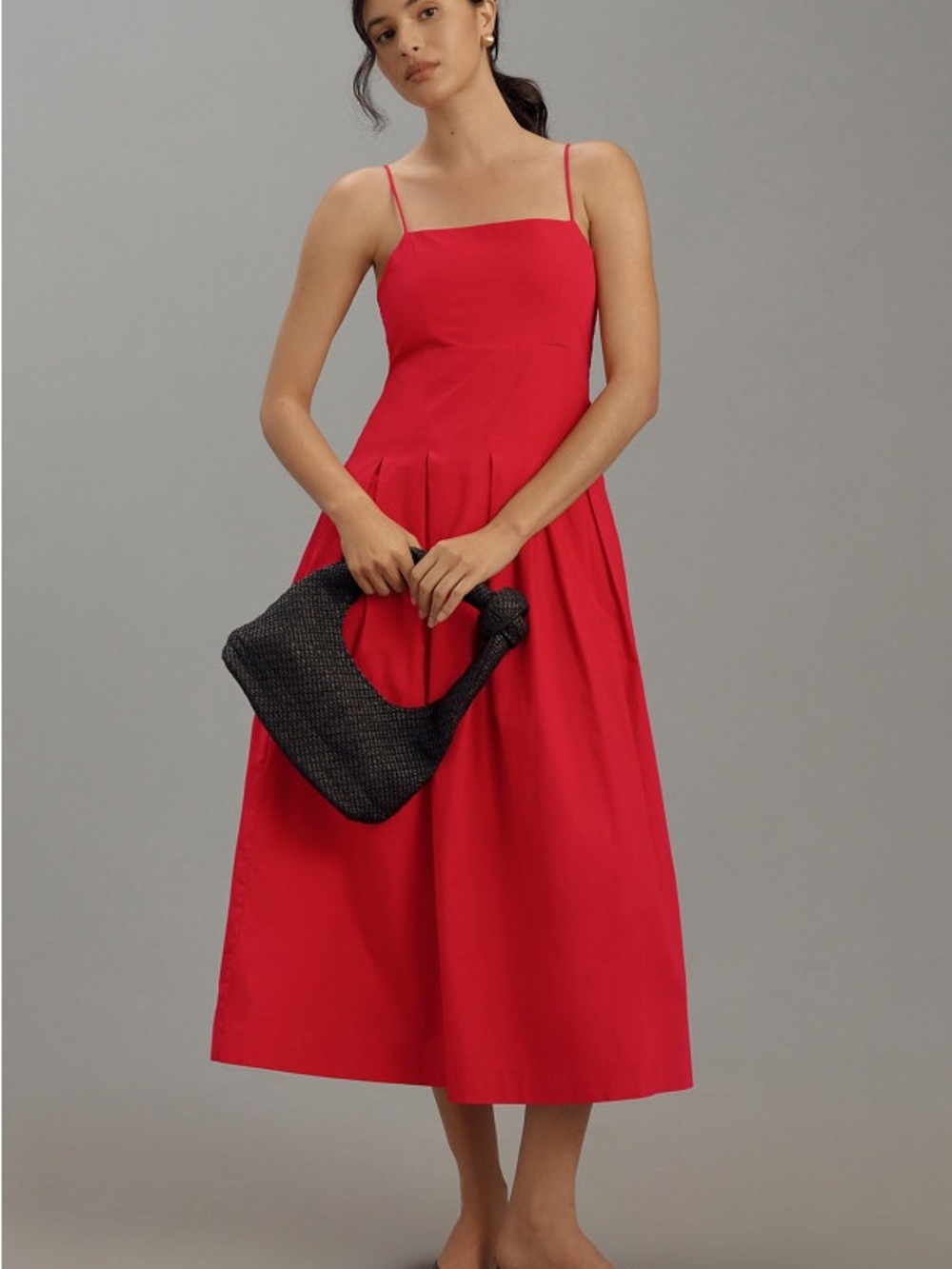 Square-Neck Corset Red Midi Dress with Spaghetti Straps